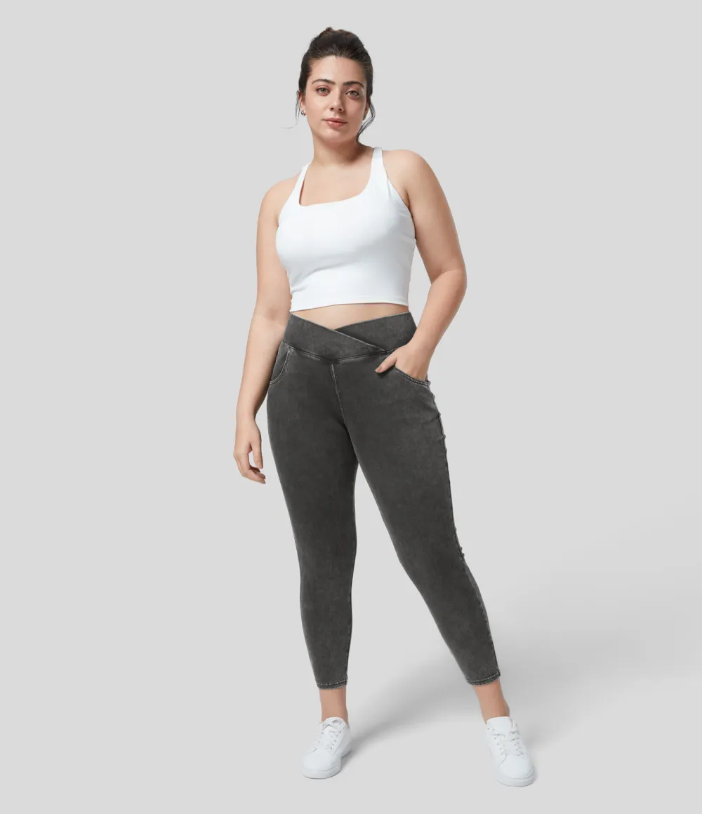 Magic High Waisted Crossover Multiple Pockets Stretchy Knit Denim 7/8 Plus Size Work Leggings