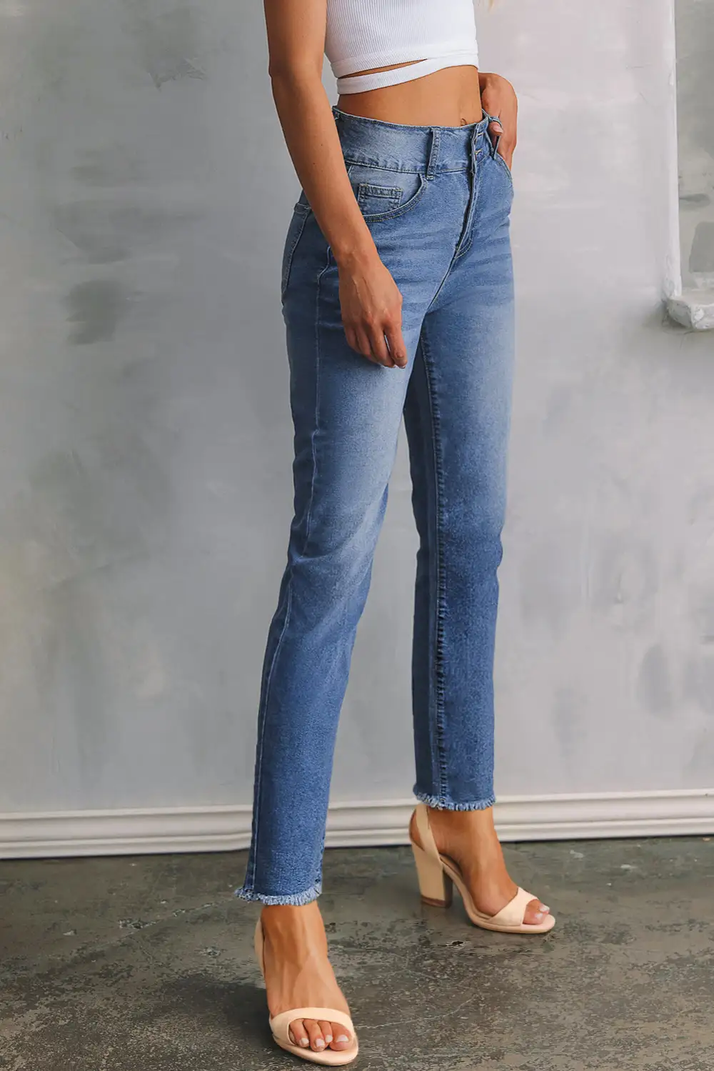 Women's Double Button Raw Hem Slim Fit Jeans