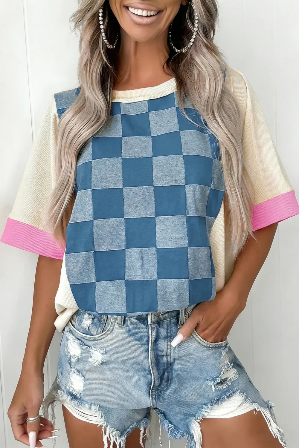 Dusk Blue Checkered Denim Patchwork Top