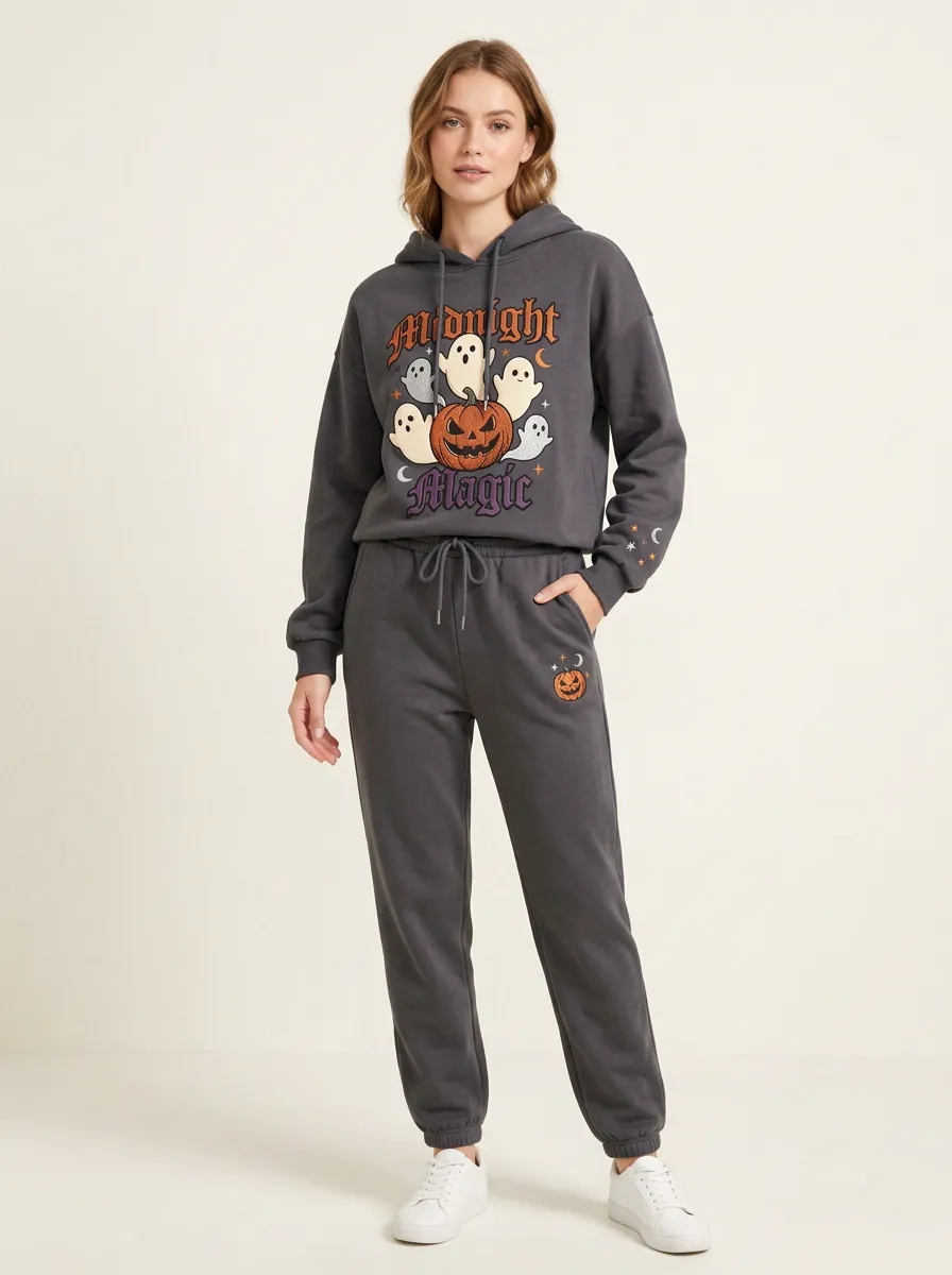 Women's Halloween Midnight Magic Ghost Pumpkin Printed Lounge Set