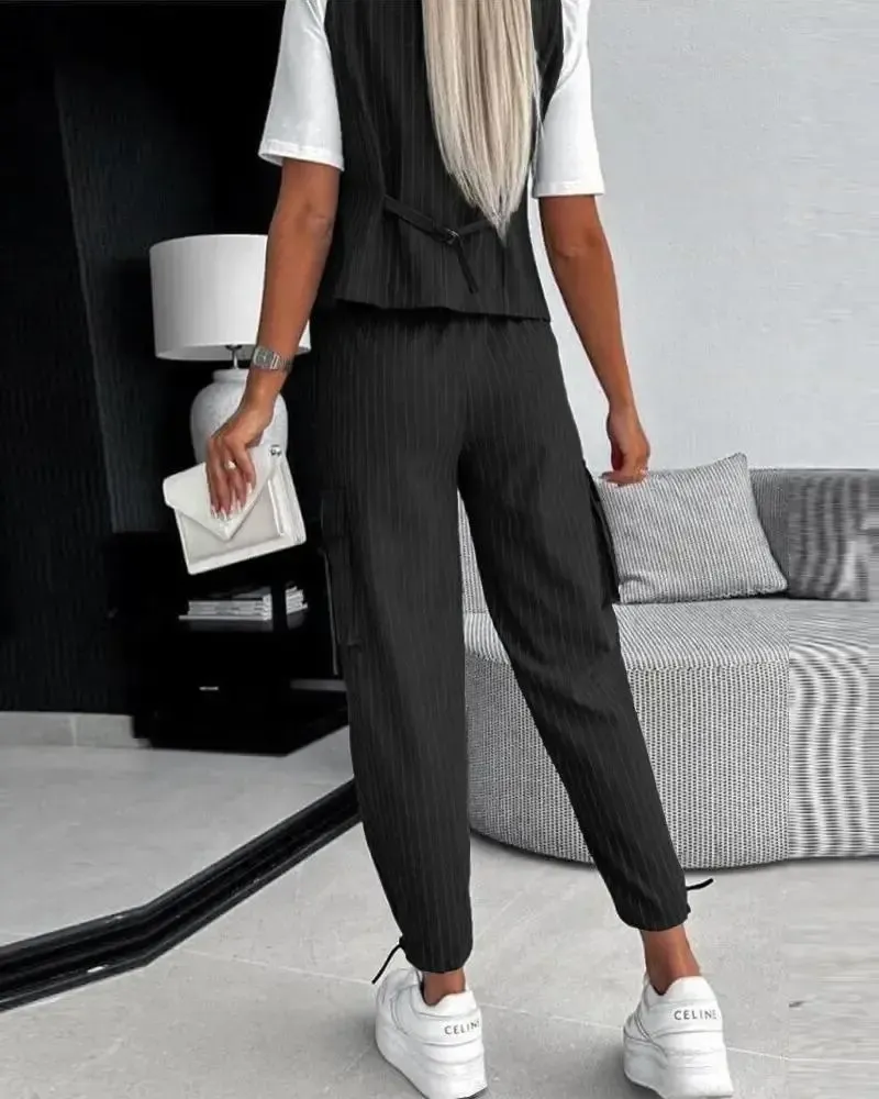 Women's Fashion Stripe Vests and Pocket Drawstring Pants Two-piece Set