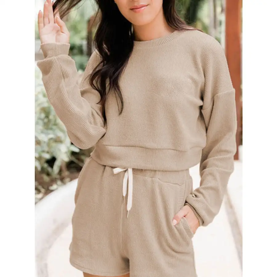 Ribbed Round Neck Long Sleeve Top and Shorts Set