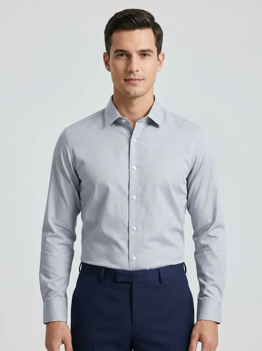 Men's Non-Iron Cotton Solid Grey Button Down Dress Shirt