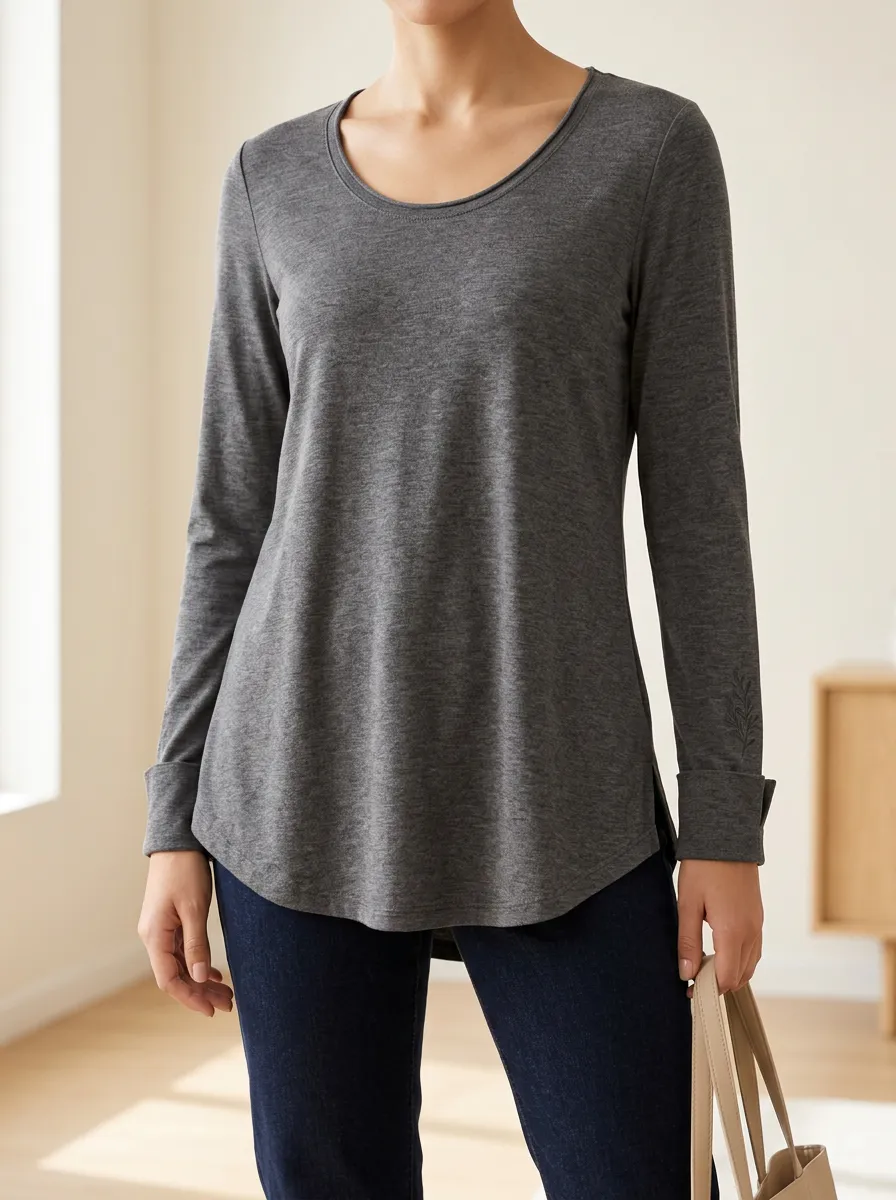 Scoop Neck Embroidered Detail Women's Long Sleeve Tee