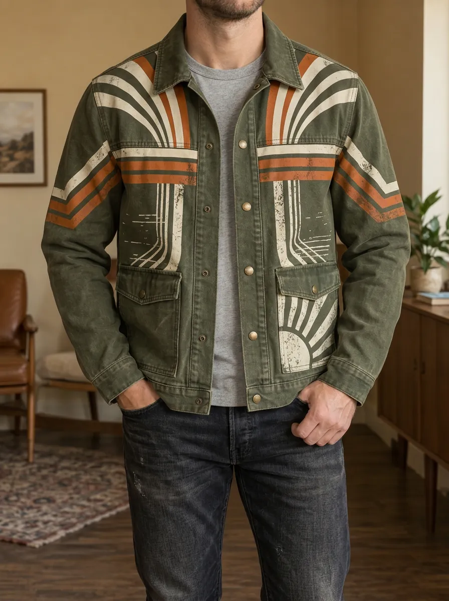Men's Retro Sunset Geometric Printed Jacket