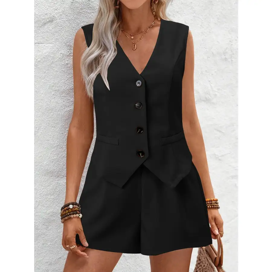 V Neck Button Down Vest and Shorts Set