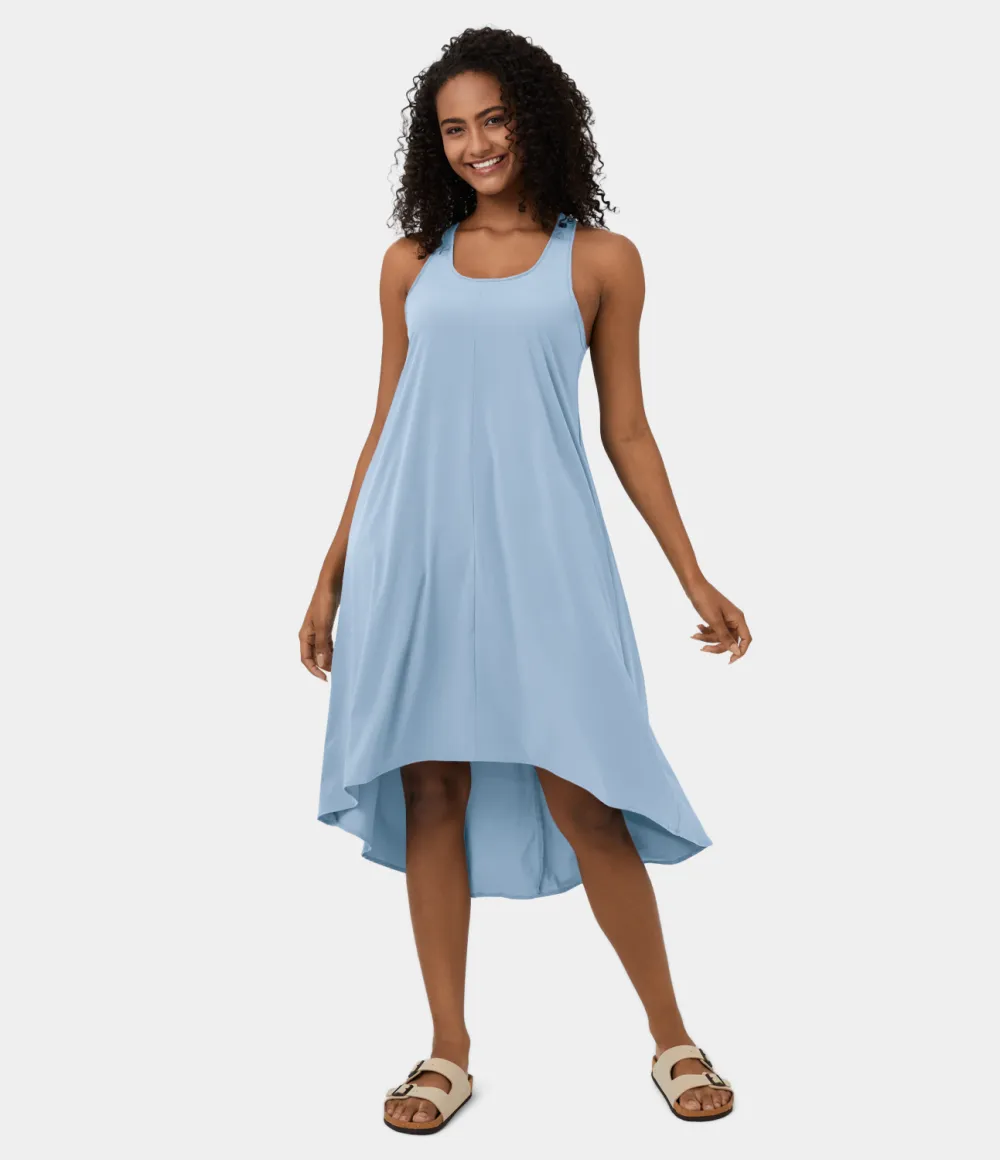 Breezeful Backless Racerback Side Pocket High Low Flowy Midi Quick Dry Casual Dress