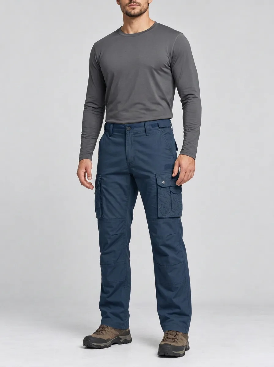 Men's Olive Green Topographic Multi-Pocket Reinforced Knee Hook-and-Loop Waist Tabs Tactical Cargo Pants
