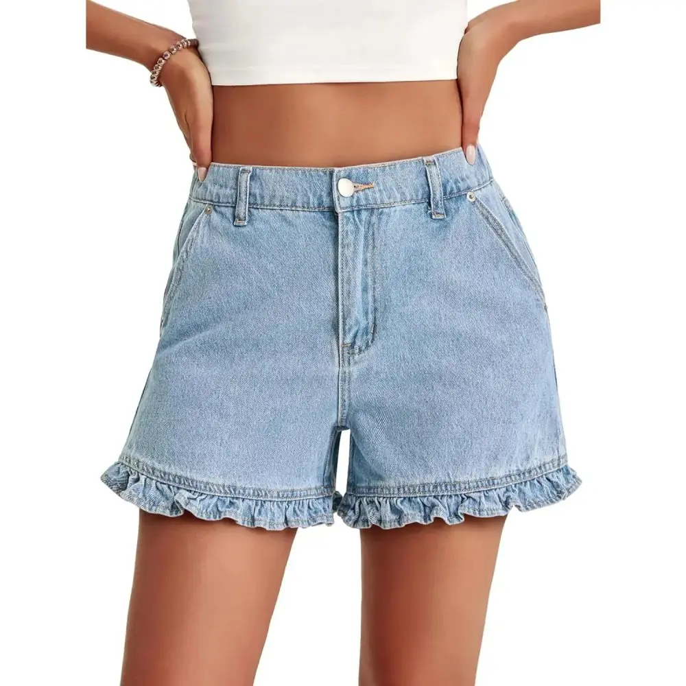 Women's Summer Ruffle Denim Shorts Cute High Waisted Cotton Jorts