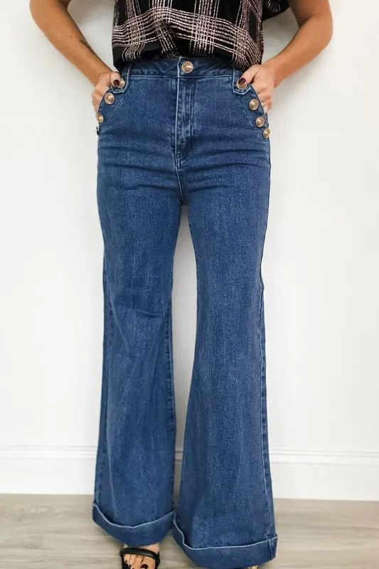 Golden Button Detail Rolled Edge Flare Leg Jeans