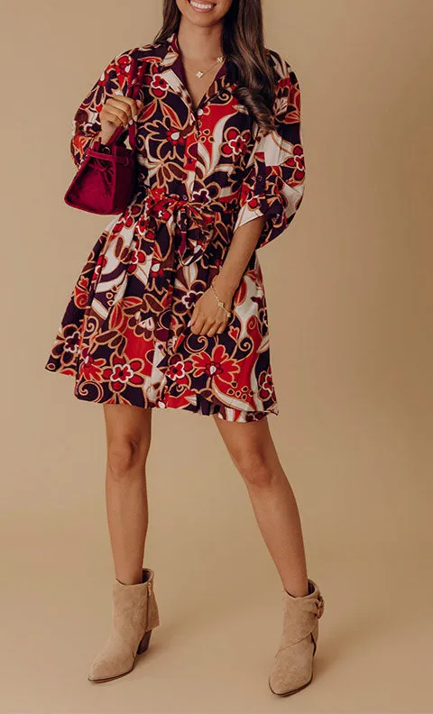 Pleated Floral Collared Three-Quarter Sleeve Relaxed Mini Dress
