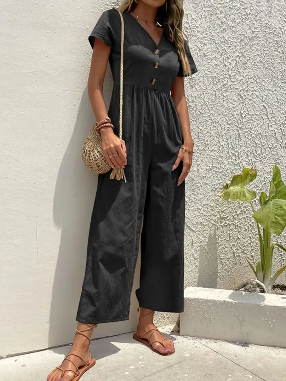 V Neck Short Sleeve Wide Leg Shorts