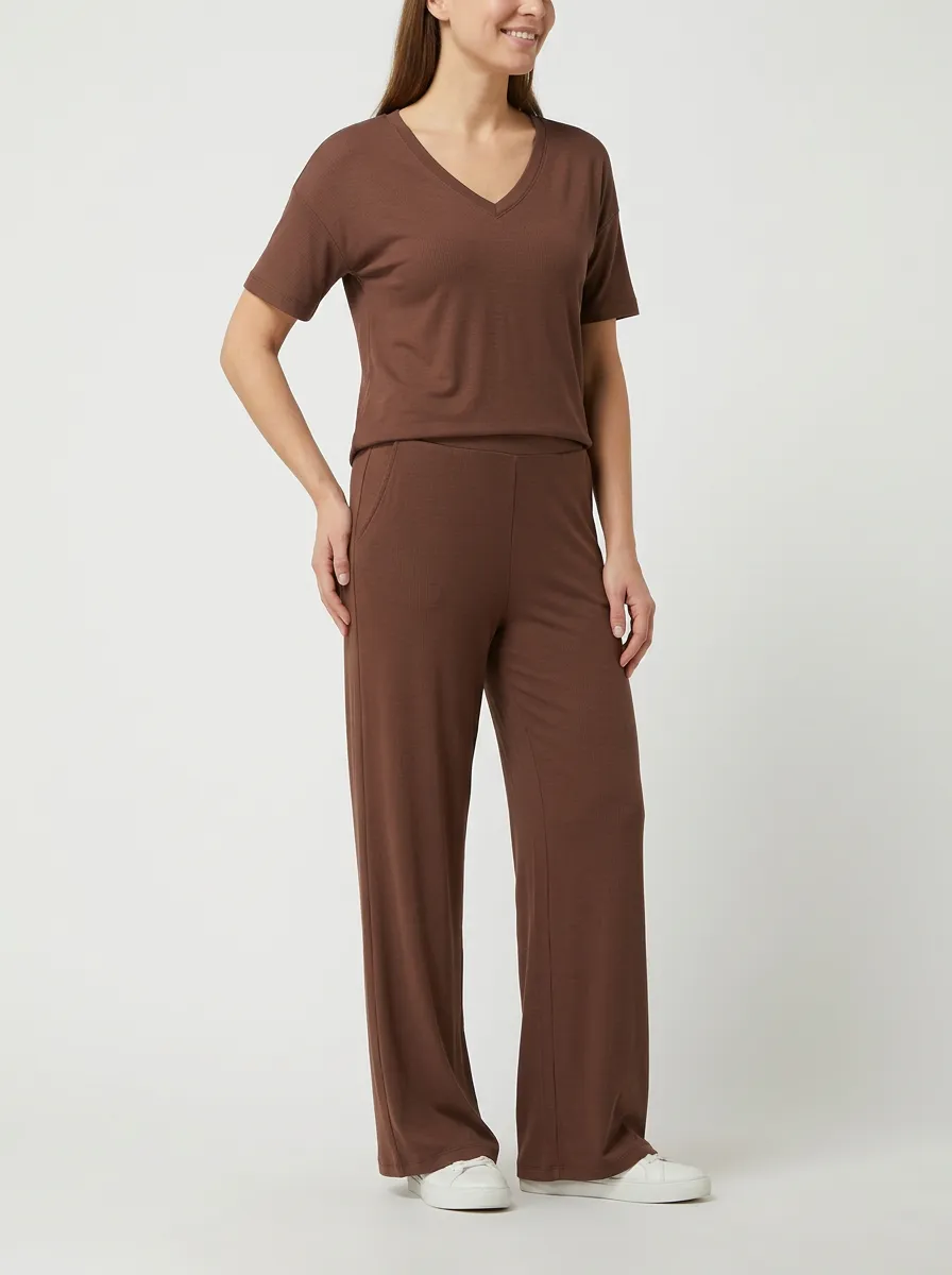 Women's Ribbed V-Neck T-Shirt and Wide-Leg Pants Set