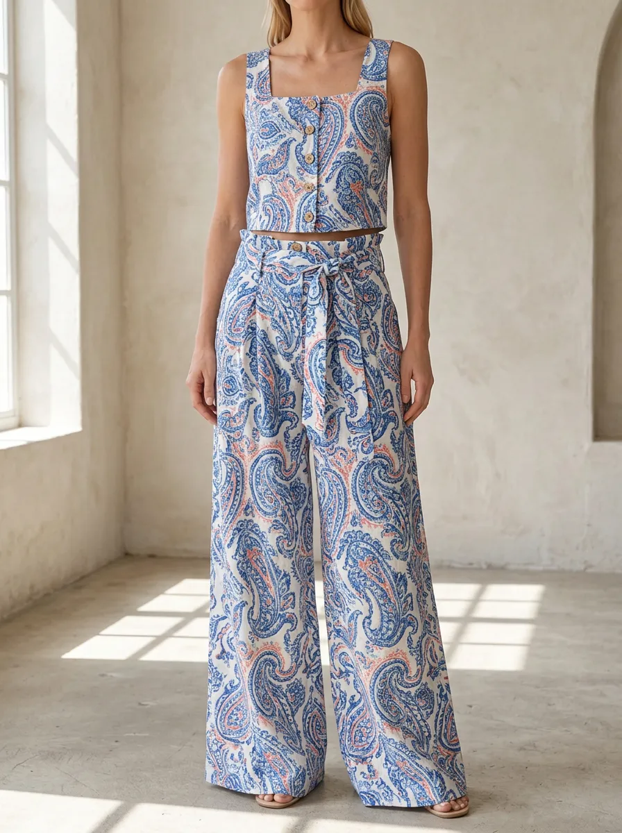 Women's Boho Summer Paisley Patterned Crop Wide Leg Pants Set