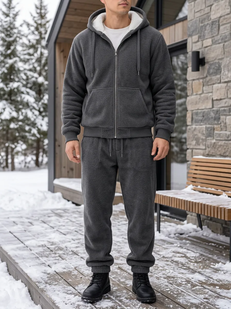 Men's Winter Fleece-Lined Zip-Up Hoodie and Pants Set with Contrast Lining