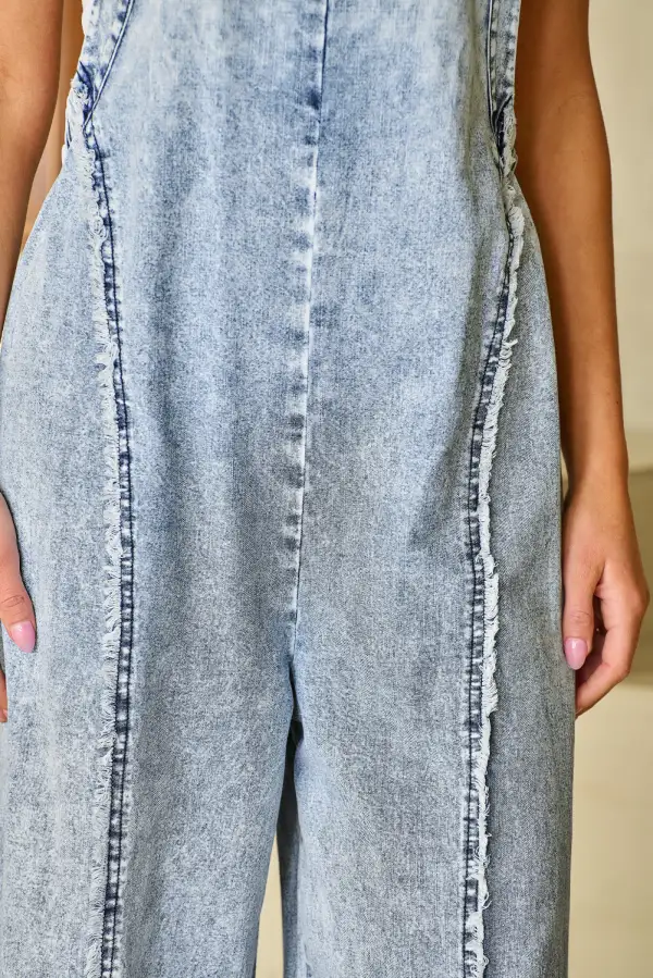 Wash Frayed Exposed Seam Wide Leg Denim Jumpsuit