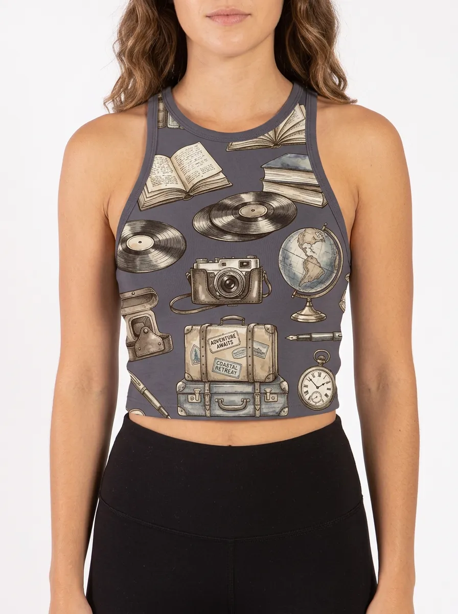 Women's Travel Inspired Vintage Objects Printed Crop Tank Top
