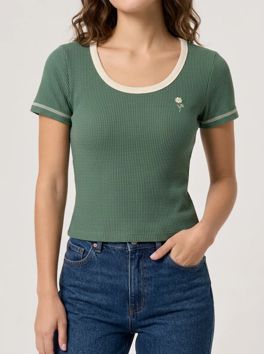 Textured Casual Floral Minimalist Embroidered Waffle Knit Printed Top