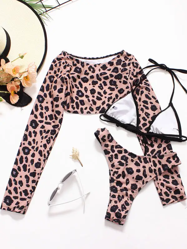 Braided Rope Leopard Print Long Sleeved Swimsuit
