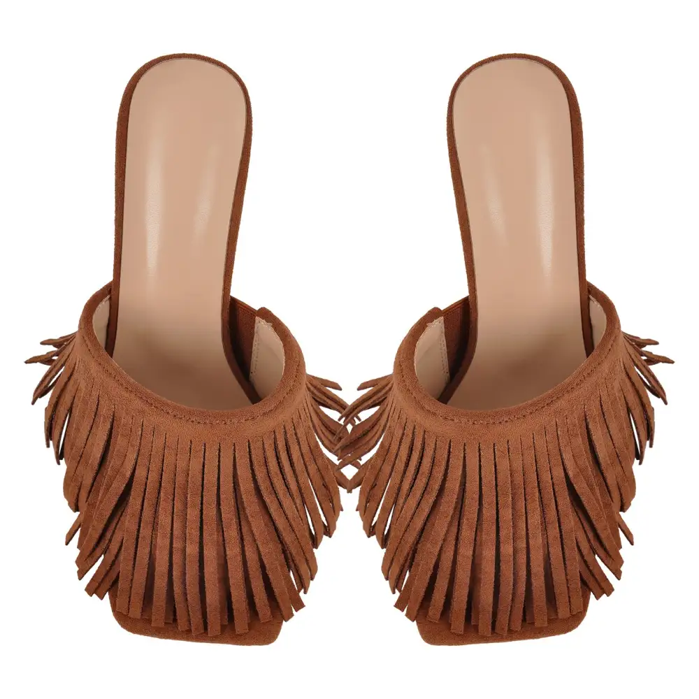 Square Toe Fringe Stiletto Mule Sandals