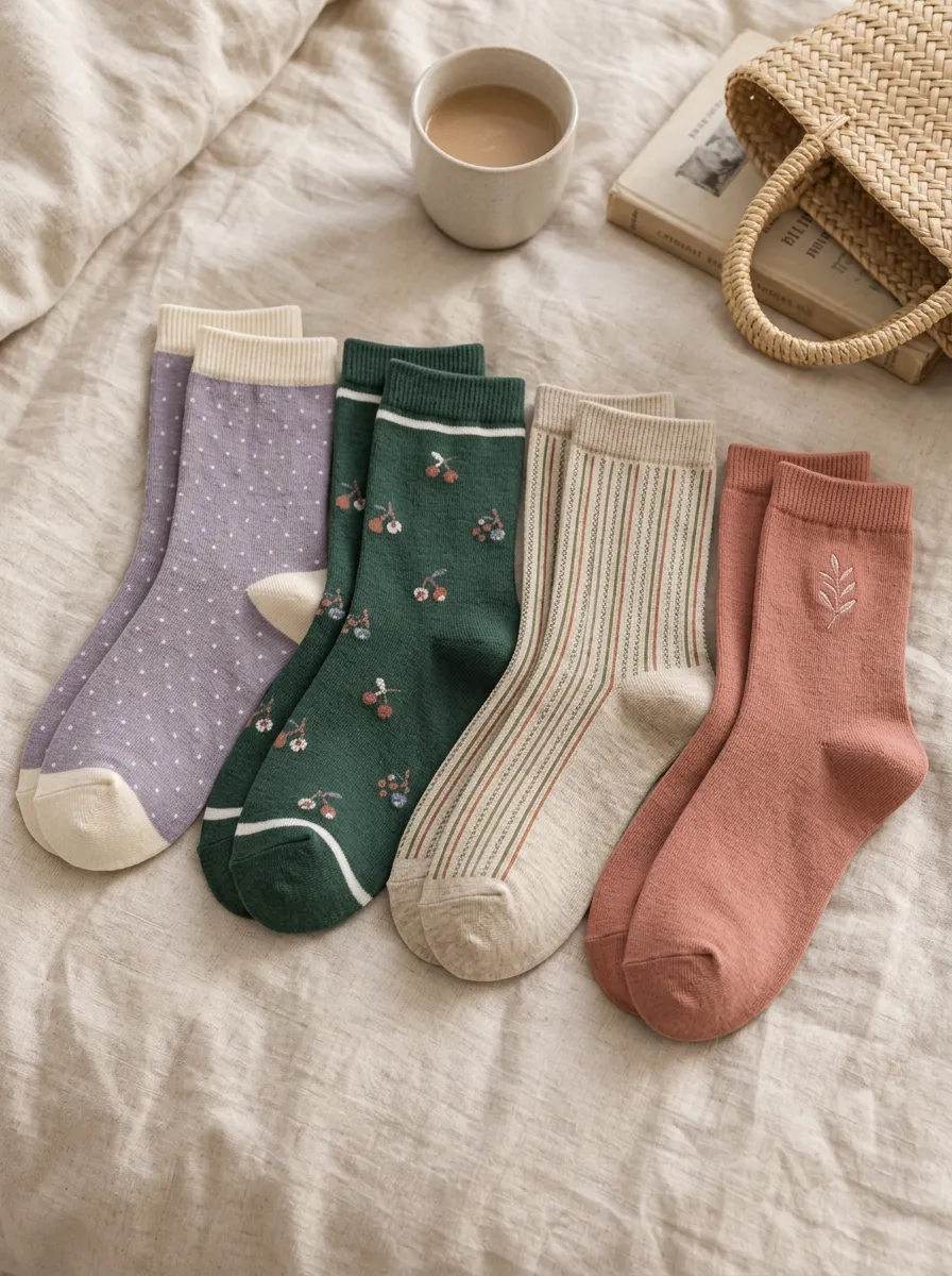 Women's Vintage Floral Polka Dot Striped Printed Socks Set