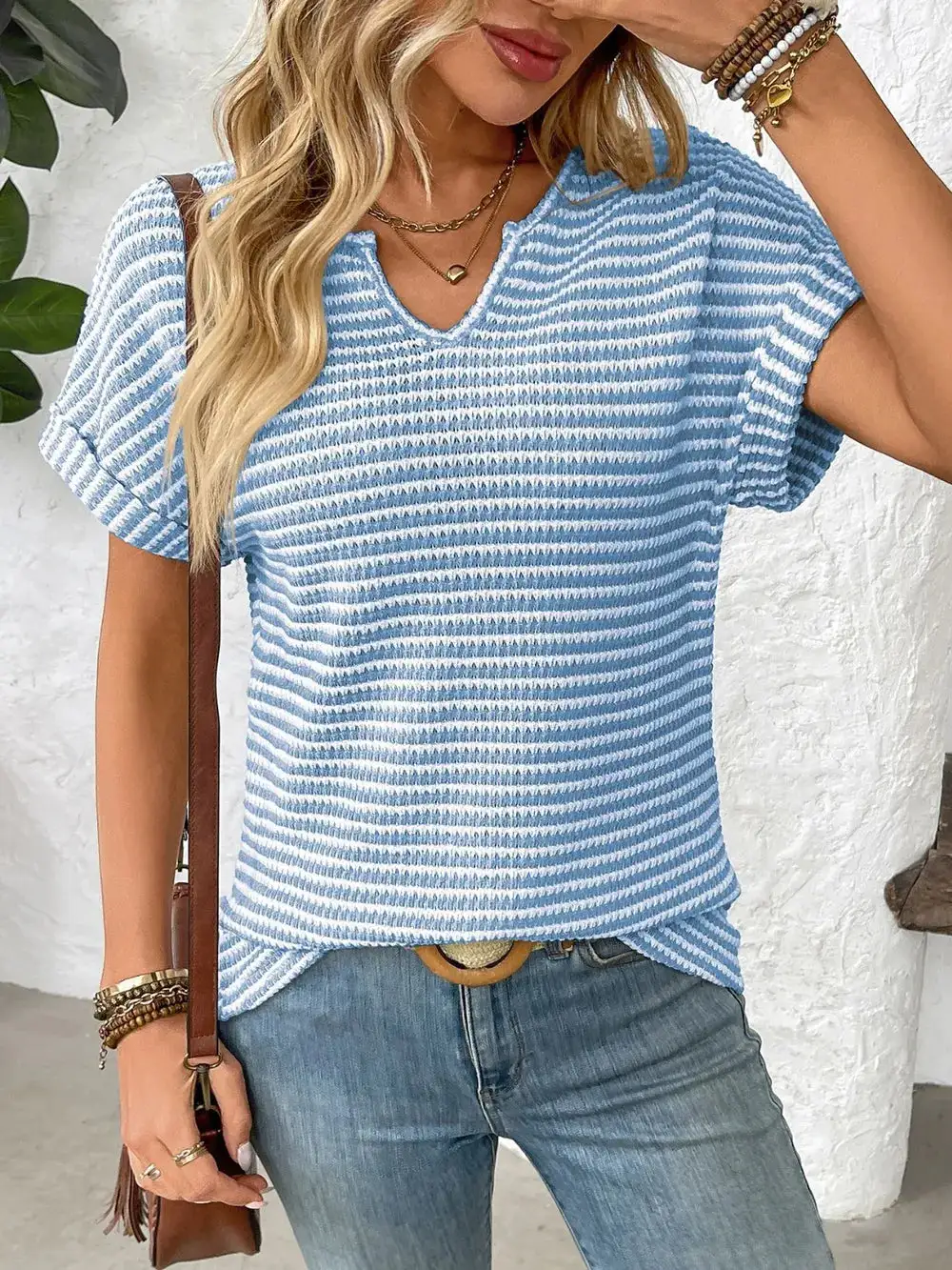 Everyday Striped Notched Short Sleeve T-Shirt