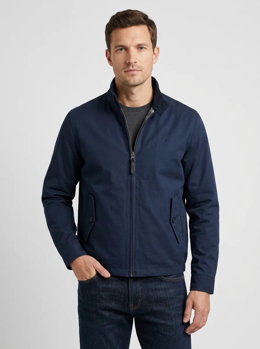 Men's Casual Navy Blue Stand Collar Zip Up Jacket