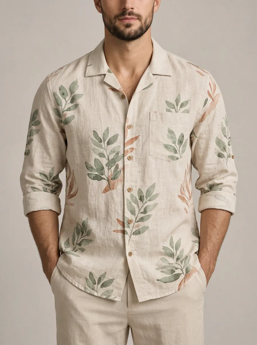 Men's Botanical Nature Printed Linen Shirt
