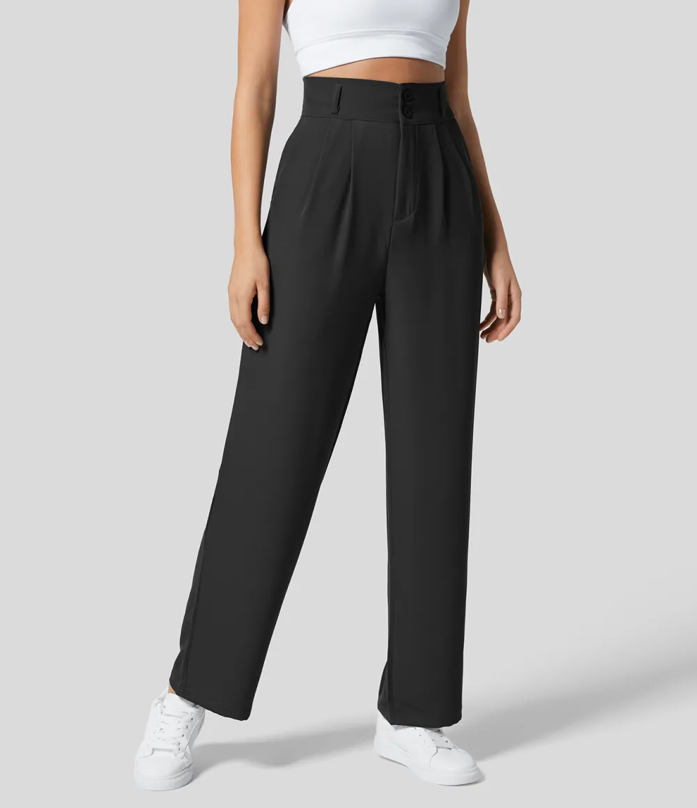 High Waisted Button Zipper Plicated Side Pocket Shirred Straight Leg Work Pants