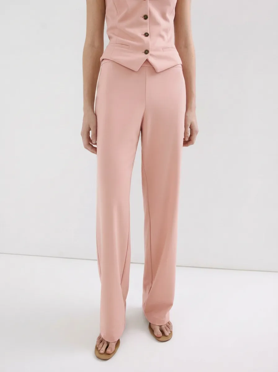 Women's Minimalist Beige Solid Mid-Rise Straight Leg Trousers