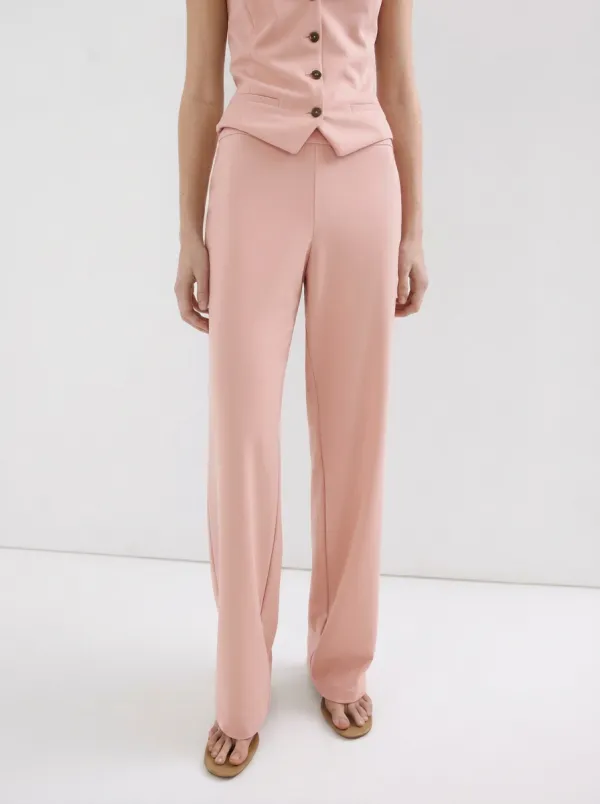 Women's Minimalist Beige Solid Mid-Rise Straight Leg Trousers