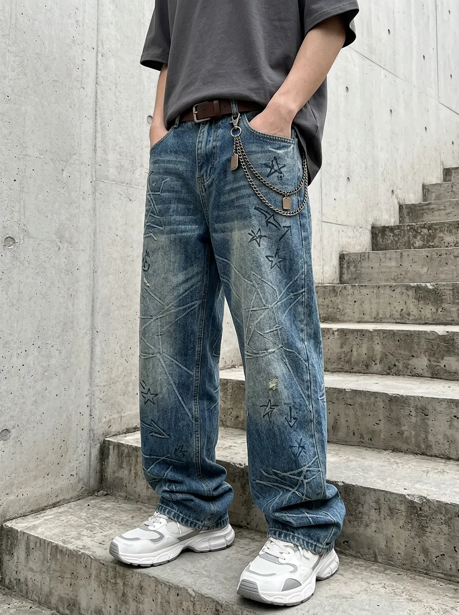 Men's Urban Streetwear Star Distressed Jeans