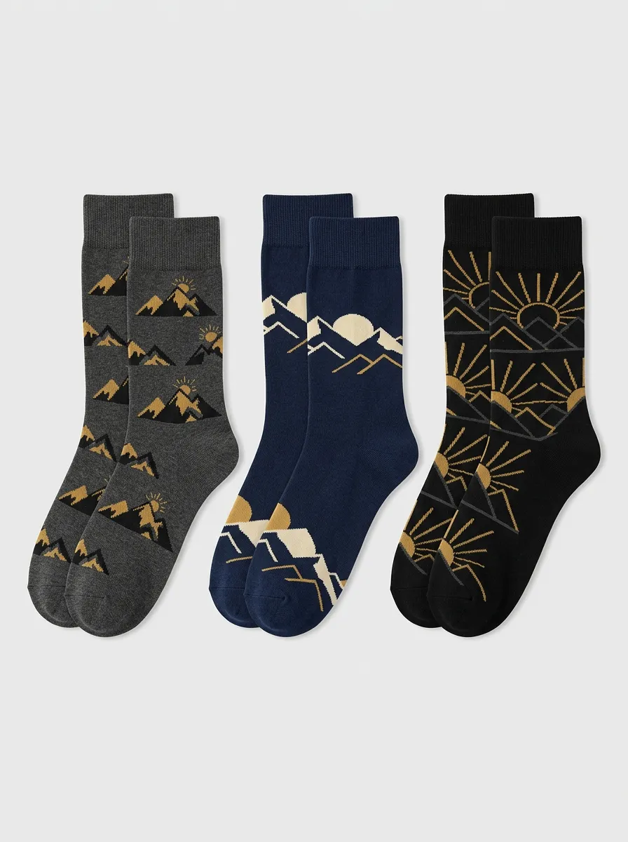 Men's 3-Pair Mountain Sunrise Landscape Crew Sock Set