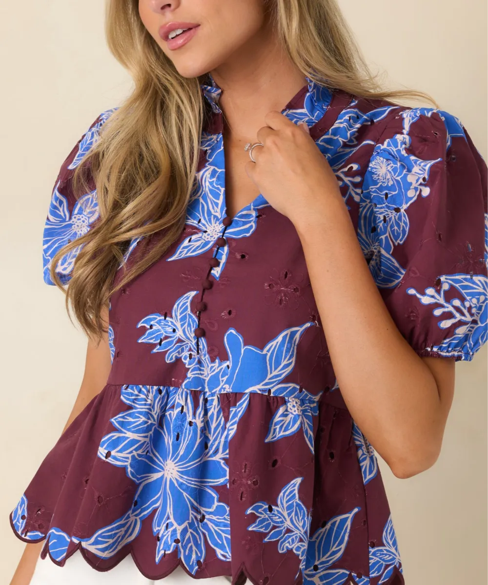 Button-Front Short-Sleeve Puff-Sleeve Scalloped Top