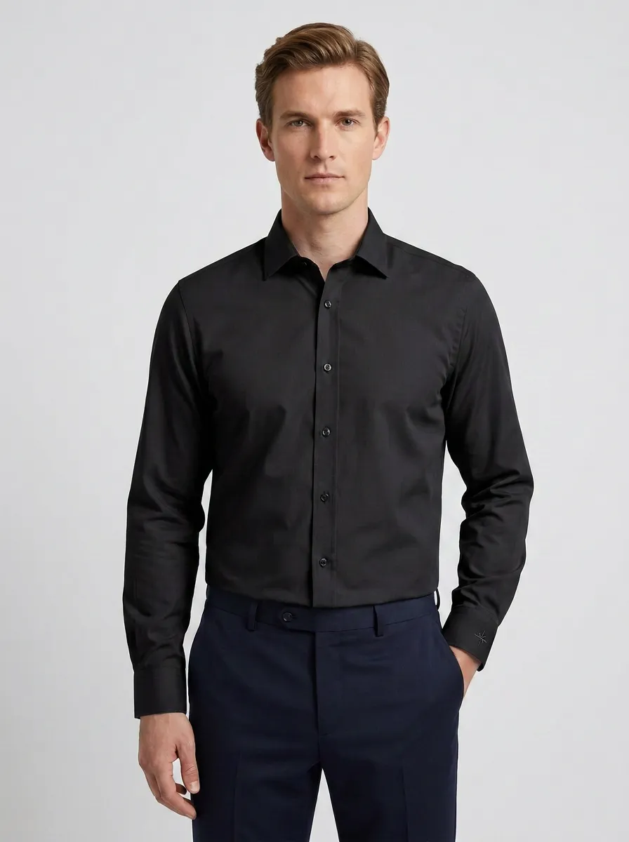 Men's Non-Iron Cotton Star Embroidered Long Sleeve Shirt