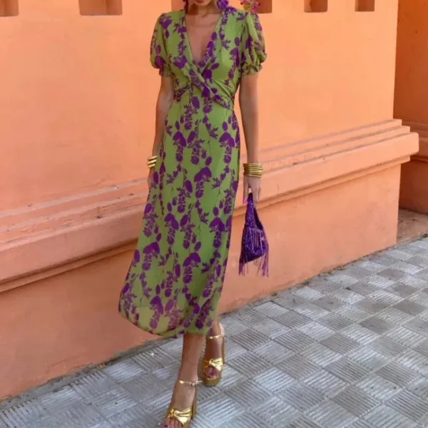 Women's V-Neck Puff-Sleeve Midi Dress