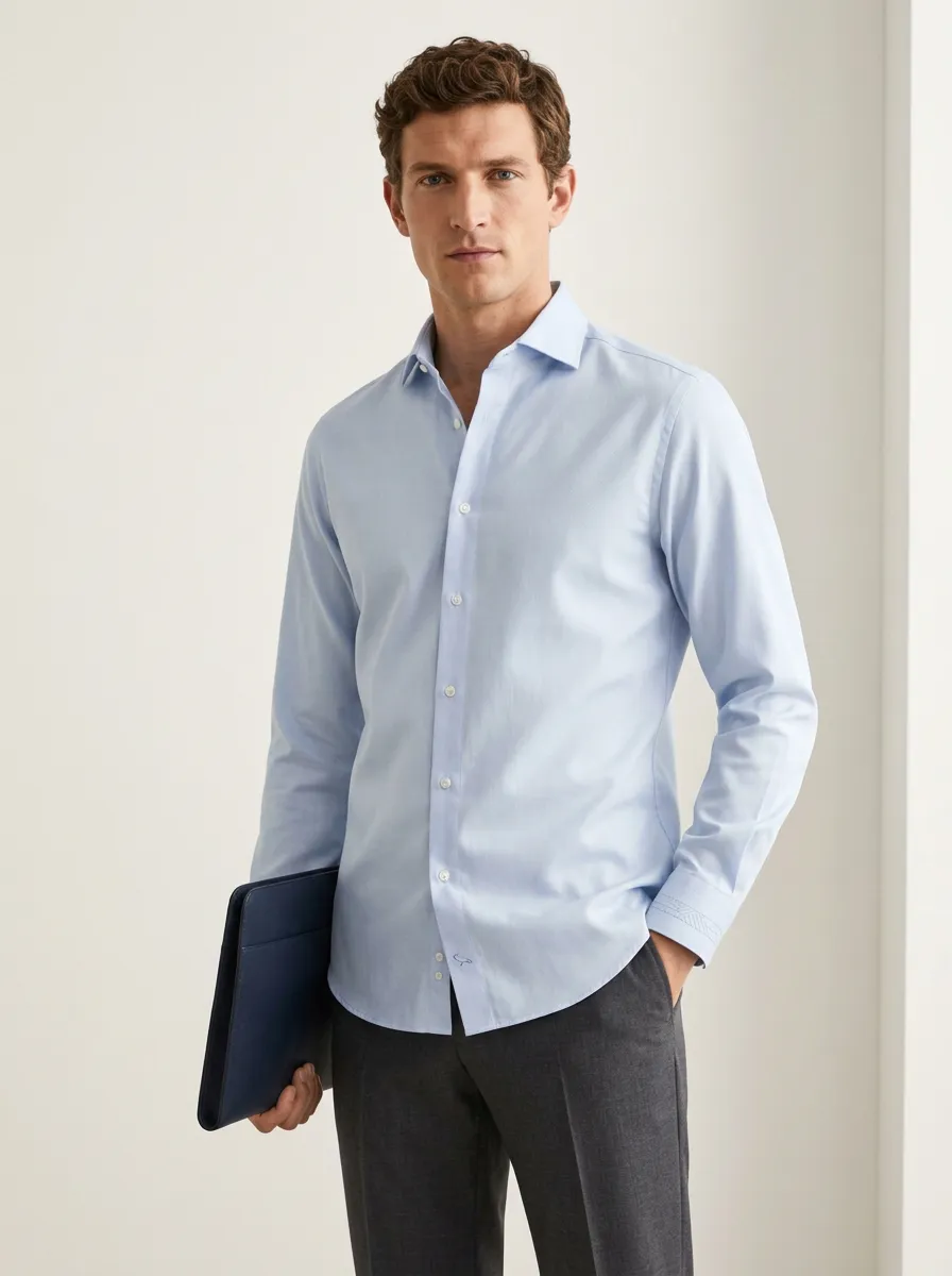 Men's Business Casual Non-Iron Cotton Light Blue Long Sleeve Shirt
