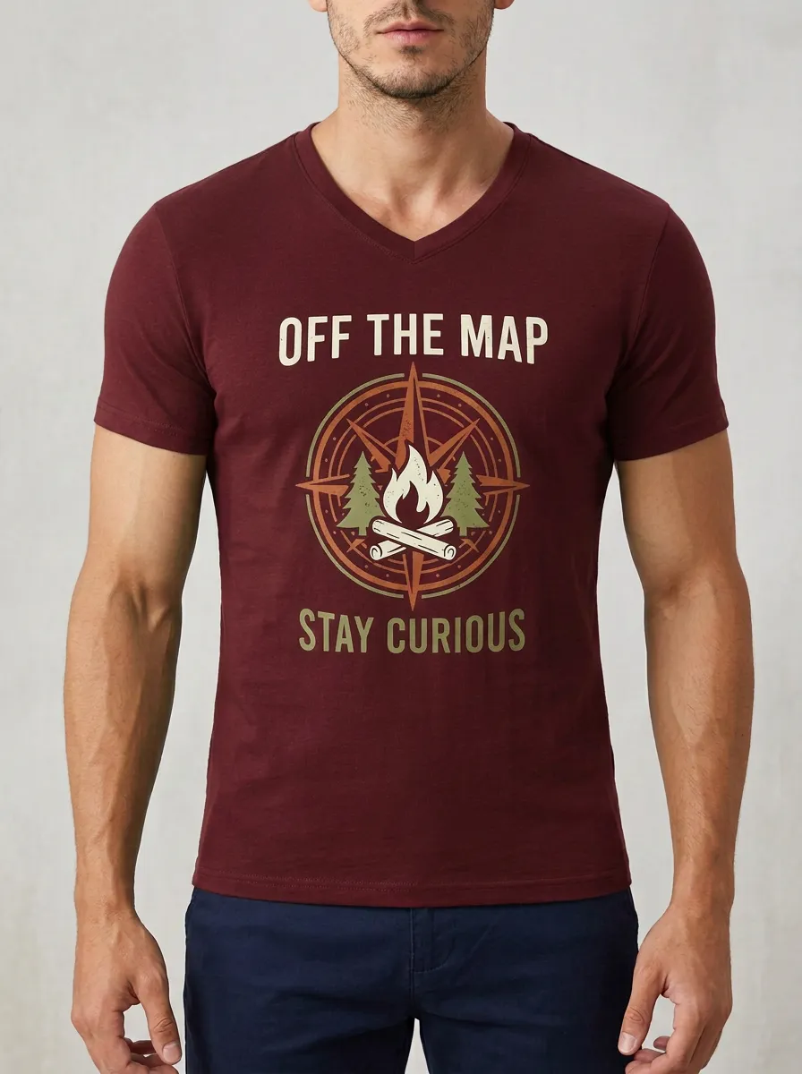 Men's Camping Adventure Compass Fire Printed V-Neck T-Shirt