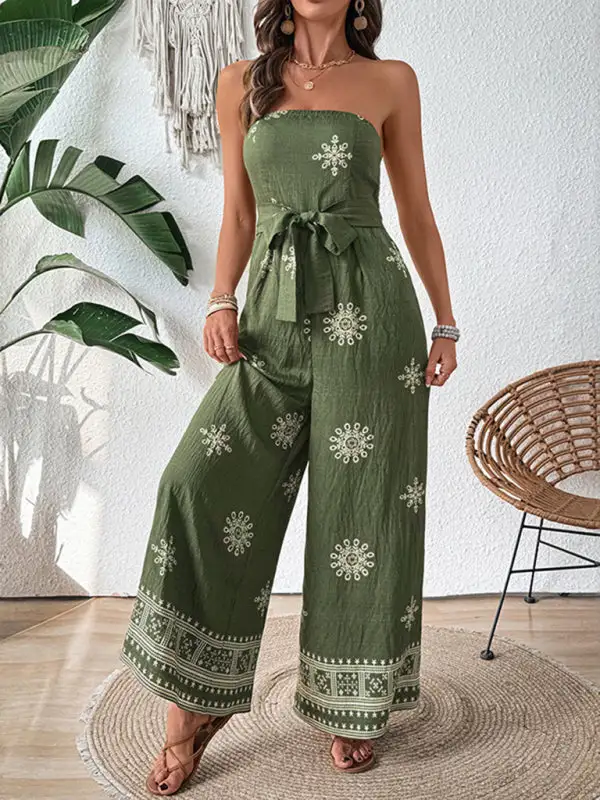 Strapless Snowflake Print Wide Leg Jumpsuit
