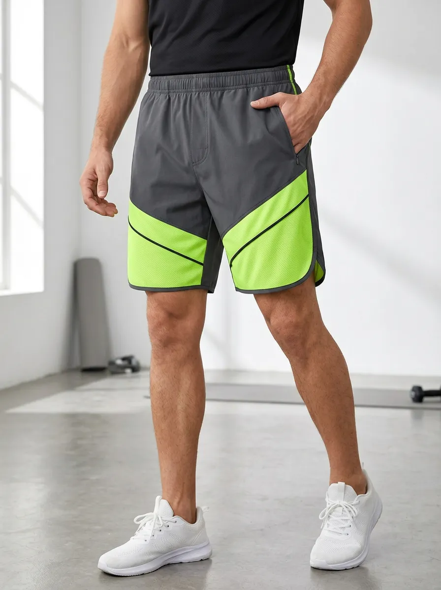 Men's Fitness Gym Neon Green Colorblock Printed Athletic Shorts