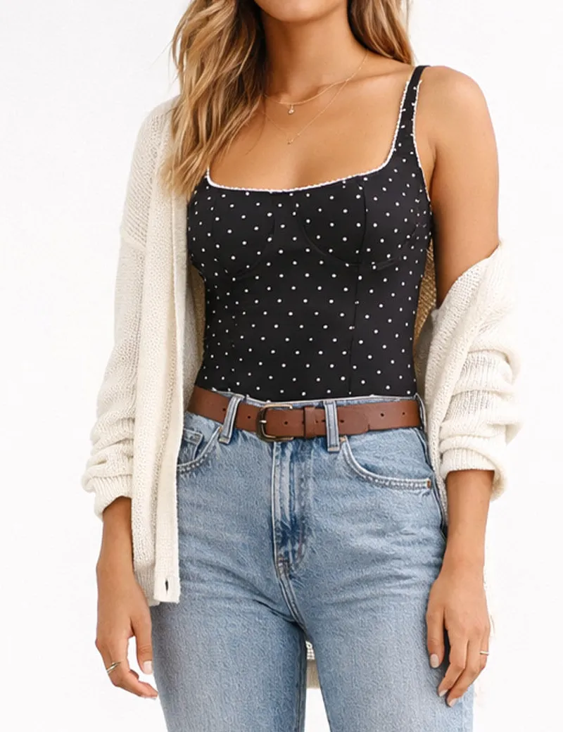 Chic Polka Dot Lace Trim Corset Square Neck Cami Top