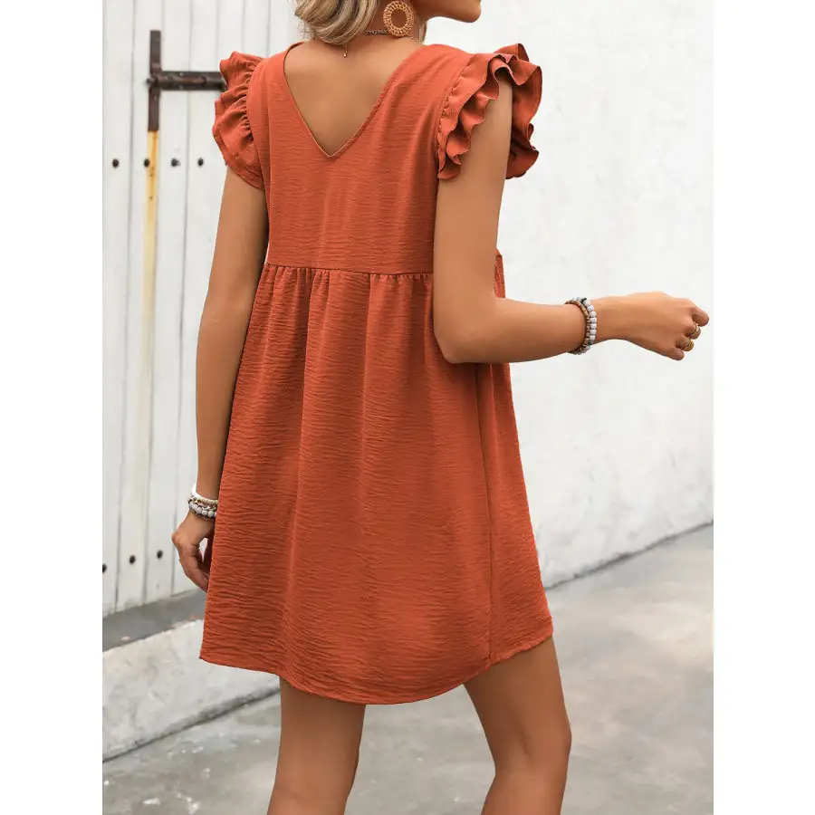 Button Up V-Neck Cap Sleeve Mini Dress