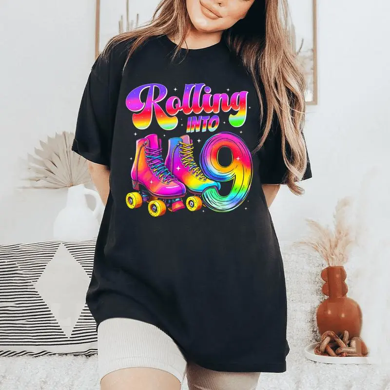 9Th Birthday Girl Nine 9 Year Old Roller Skate Skating Party Women's Oversized Comfort T-Shirt