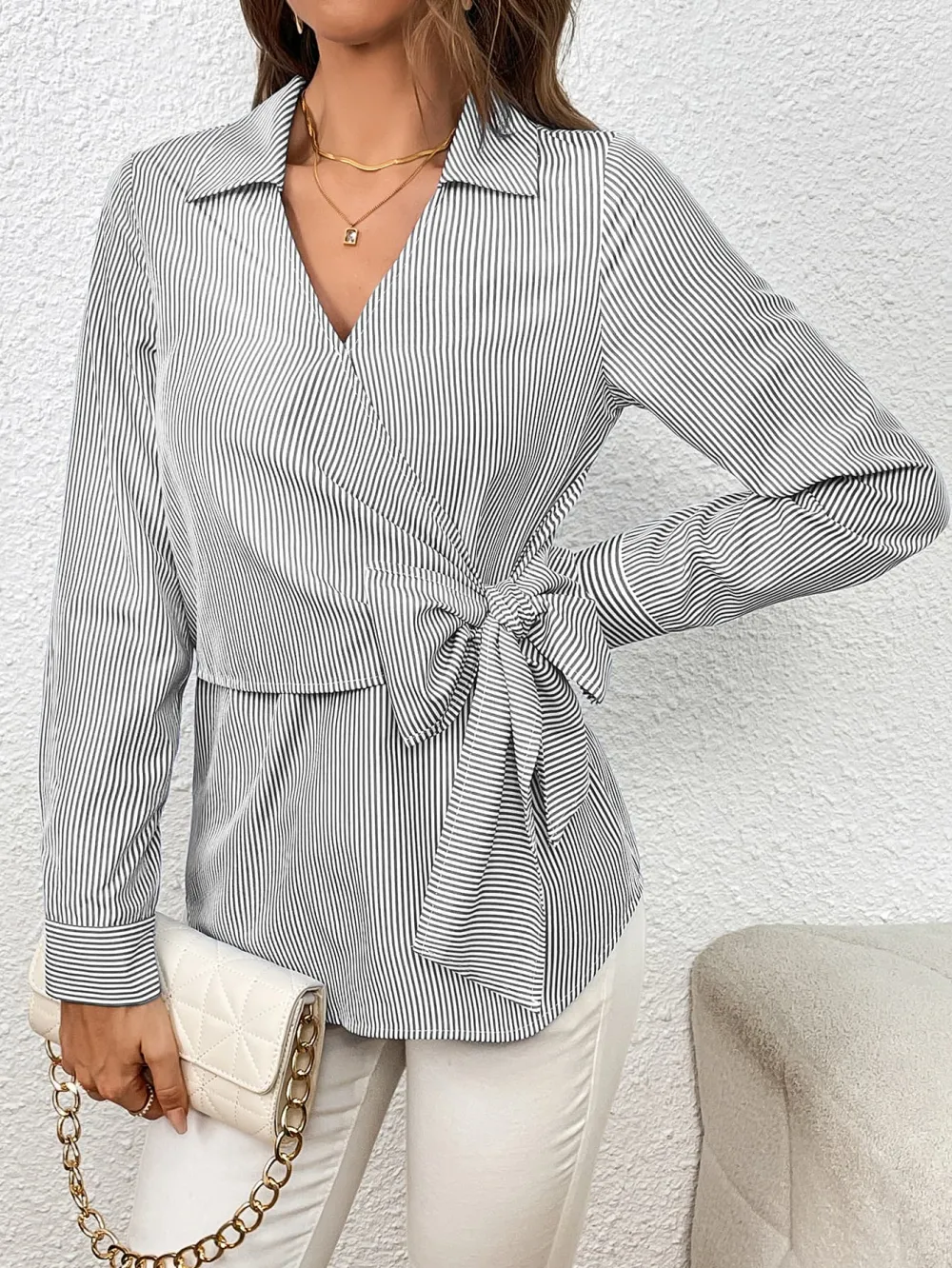Tie-Waist Johnny-Collar Long-Sleeve Sheer Blouse