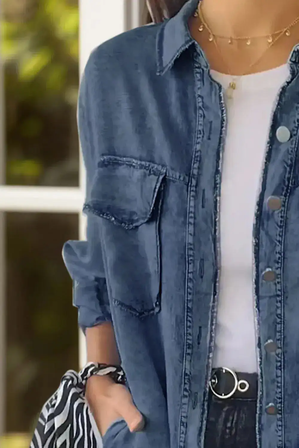 Relaxed Denim Button Front Pocketed Casual Jacket