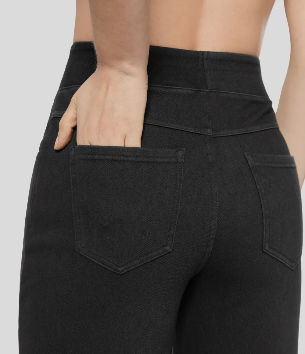 Magic High Waisted Multiple Pockets Wide Leg Stretchy Knit Casual Thermal Jeans
