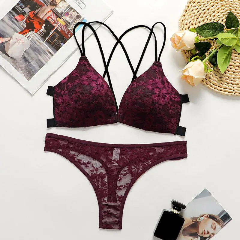 Backless Lace Front-Buckle Triangle Bra Set