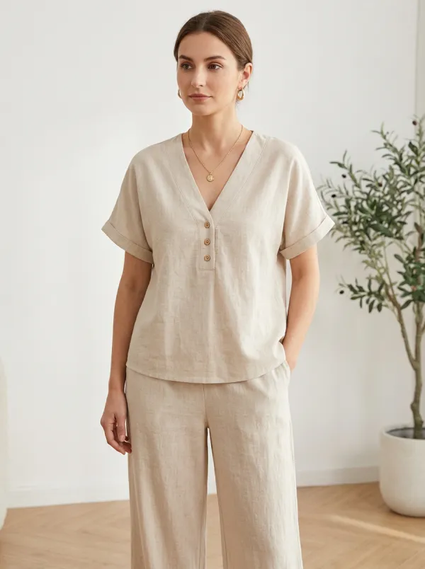 Short-Sleeve Button-Front Minimalist Women's V-Neck Casual Lounge Set