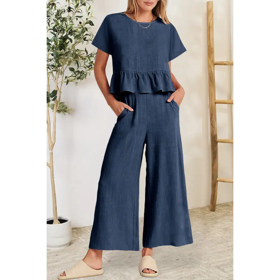 Peplum Round Neck Short Sleeve Top and Pants Set