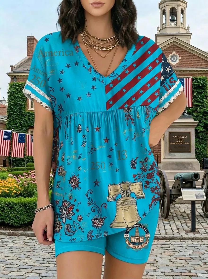 Women's USA Patriotic Liberty Bell 250th Anniversary Printed Set
